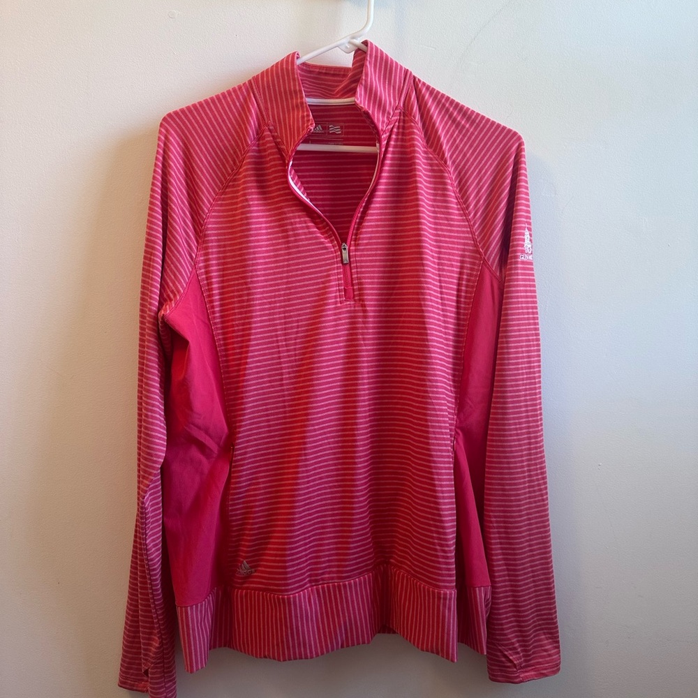 Adidas Glen Mills Salmon And White Striped Quarter Zip Athletic Pullover Top